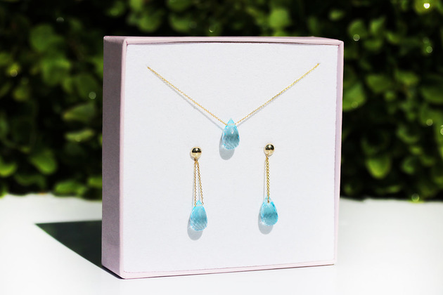 Komplet Topaz Sky Blue Krople złoto 585 Brazi Druse Jewelry