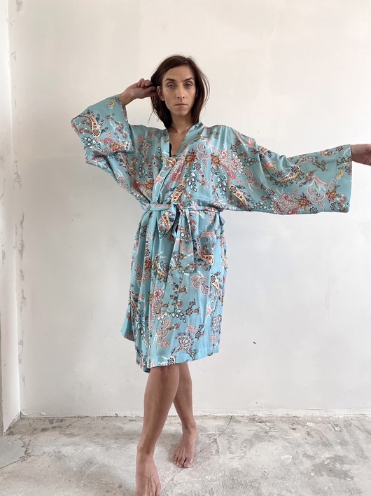 szlafroki damskie Szlafrok narzutka kimono z wiskozy błękit