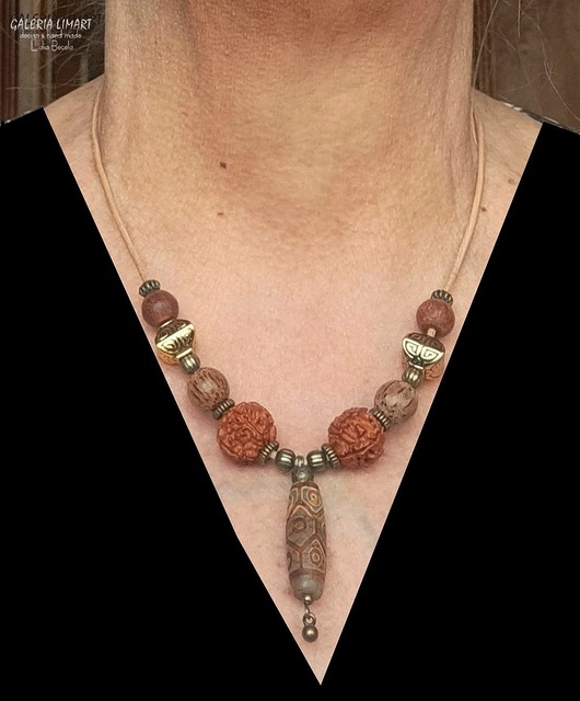 korale Agat DZI i rudraksha w niezwykłym etnicznym naszyjniku unikat handmade UNISEX