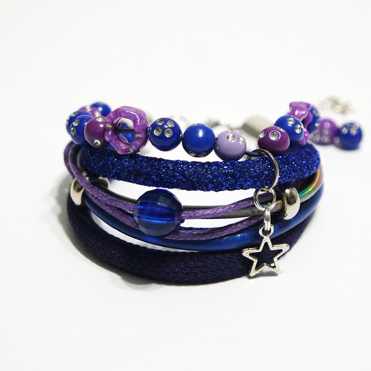 bransoletki - inne Bransoletka - Indygo, fiolet - rzemienie, koraliki