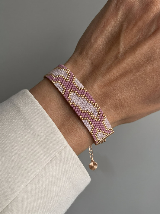 bransoletki ze szkła Różowa złota bransoletka z koralików Miyuki - snake pattern