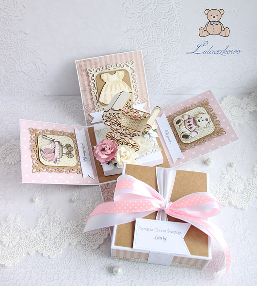 kartki, zaproszenia na chrzest Exploding box chrzest roczek "Vintage Girl"