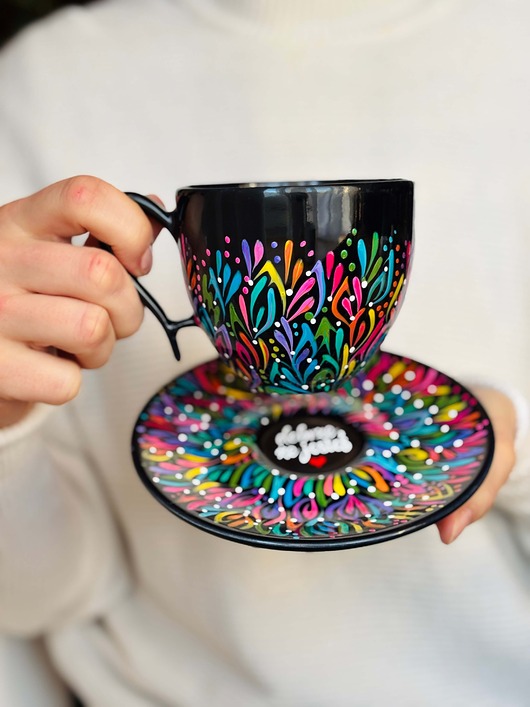 filiżanki Filiżanka Ceramiczna Ręcznie Malowana Multikolor Czarna Prezent 220ml