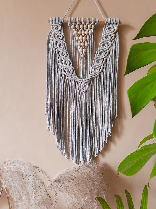 makramy Delikatna makrama boho - perełka - szara