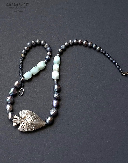 korale Ekskluzywny naszyjnik z akwamarynem perłami i rybą handmade PREZENT lux