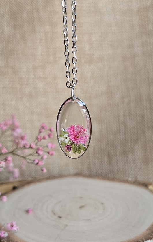 wisiory Srebrna zawieszka jajowata suszone kwiatowy bukiet różowa