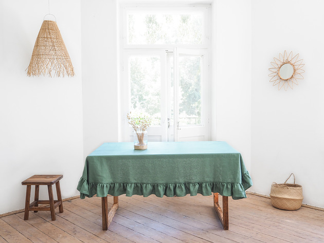 obrusy i serwetki Lniany obrus z falbanką  heavy EUCALYPTUS GREEN