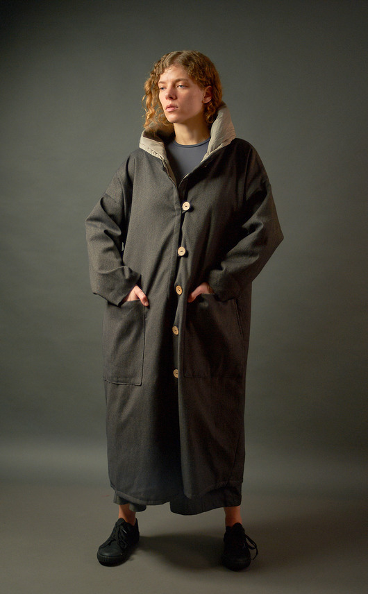 płaszcze damskie Długi płaszcz z tweedu bawełnianego lekko ocieplany