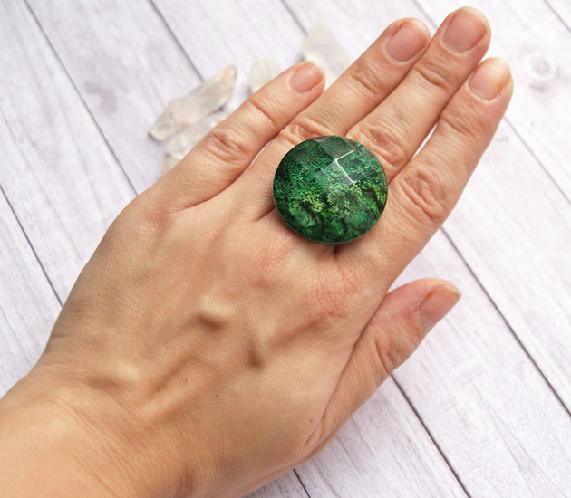 UNIKATOWY pierścień z żywicy INKY GREEN kaktusia