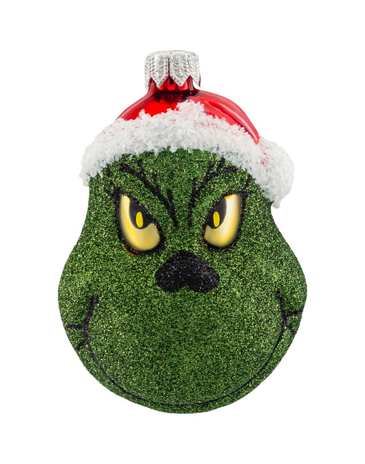 bombki Bombka choinkowa szklana ręcznie malowana: Zielony Grinch w czapce Mikołaja