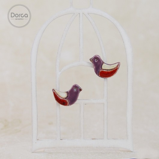 Mini ptaszki fiolet czerwień  beż - kolczyki Dorca