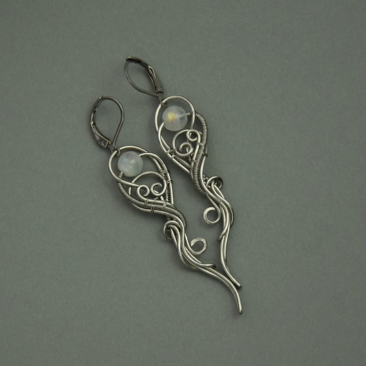 kolczyki wire wrapping Długie kolczyki kamień księżycowy wire wrapping