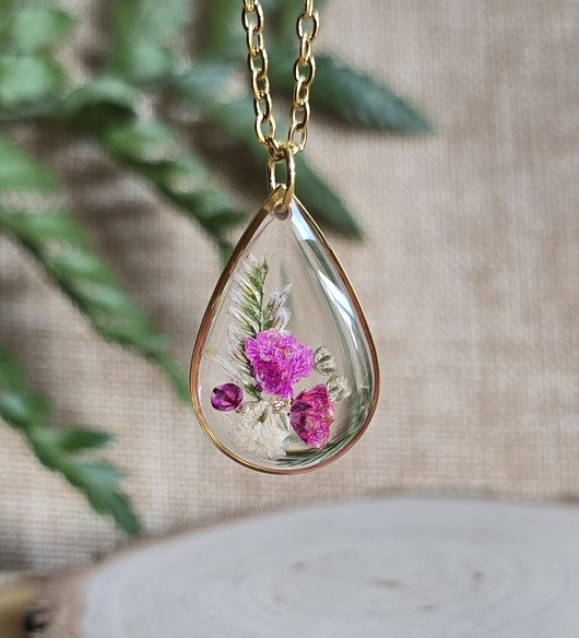 wisiory Złoty wisiorek prawdziwe kwiaty zawieszka łezka łza różowa