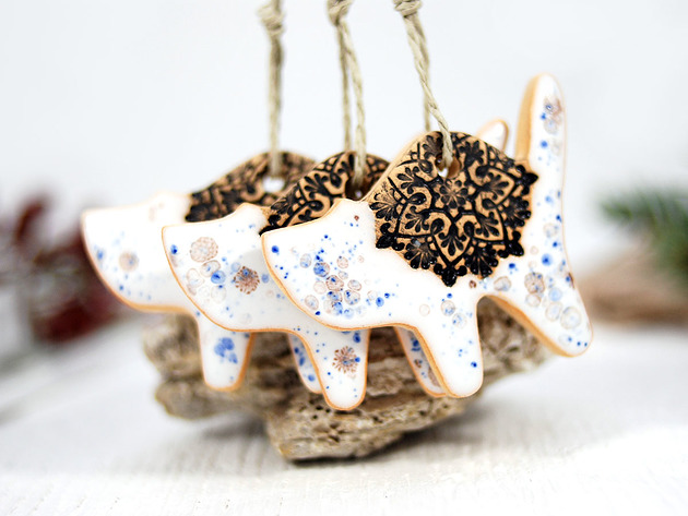 3 ceramiczne ozdoby choinkowe - białe kotki 10FingersArt