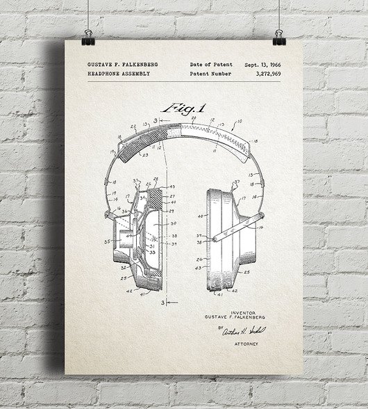 Słuchawki  - patent - plakat vintage minimalmill