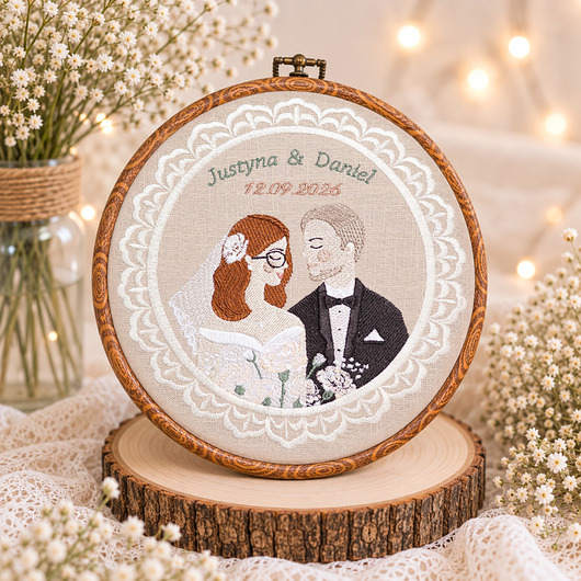 Ślub - inne Haft ślubny w tamborku 20 cm, indywidualna pamiątka ślubna, rocznicowa