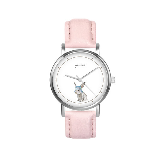 zegarki damskie Zegarek  mały - Zajączek - skórzany, pudrowy róż