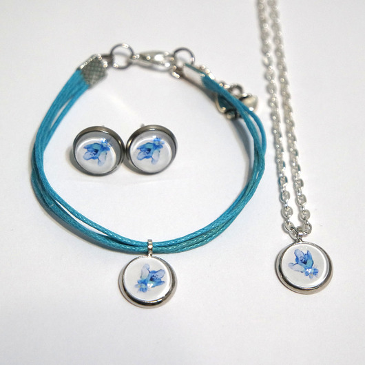 komplet biżuterii Komplet mini - Niebieski kwiat - kolczyki, bransoletka, naszyjnik