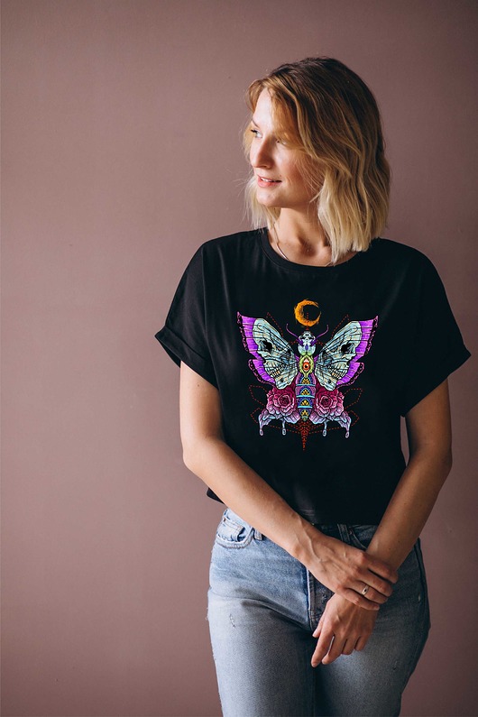Koszulka czarna damska oversize Skull butterfly ART ORGANIC