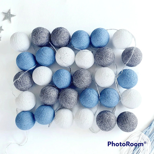 dekoracje świetlne Lampki Cotton Balls 30 led jeansowo-srebrne, świecące kule na baterie