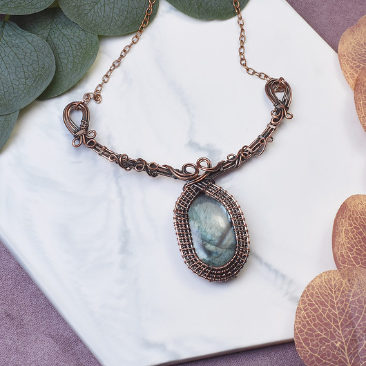 kolie Miedziany naszyjnik wire wrapping z labradorytem #490