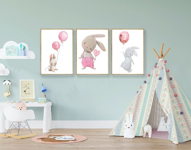 plakaty Plakaty Królik Różowy, Plakaty Na Ścianę Dla Dzieci 3 szt