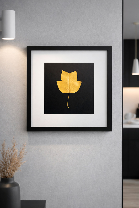 Ozdoby na ścianę Złoty Liść Tulipanowiec amerykański w Ramie 25x25cm. Obraz Handmade