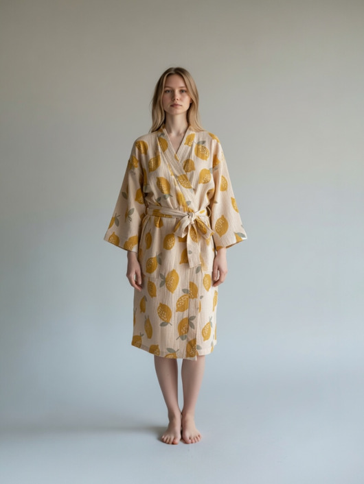 szlafroki damskie Szlafrok narzutka kimono w cytrynki