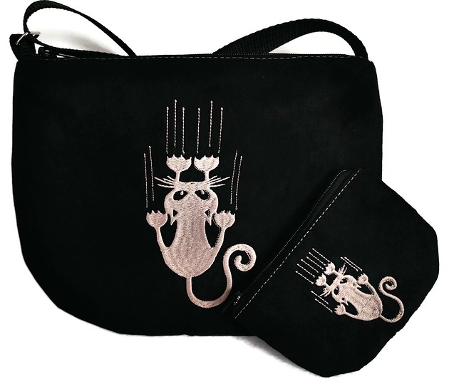 torby na ramię Czarna listonoszka,  torebka z kotkiem , portfelik kotek