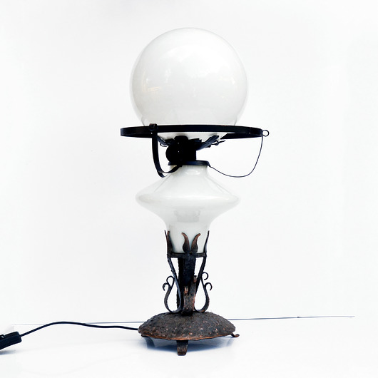 lampy stołowe Miedziana lampa stołowa, naftowa, Polska, lata 60.
