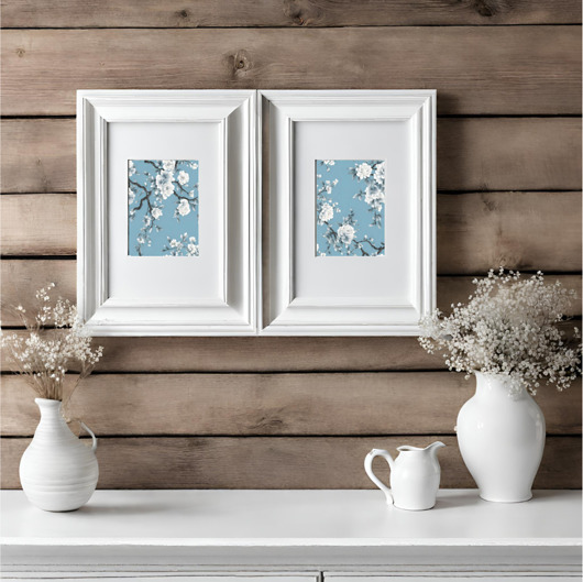 grafiki i ilustracje DWA PLAKATY niebieskie chinoiserie, kwiaty, kwitnąca jabłoń