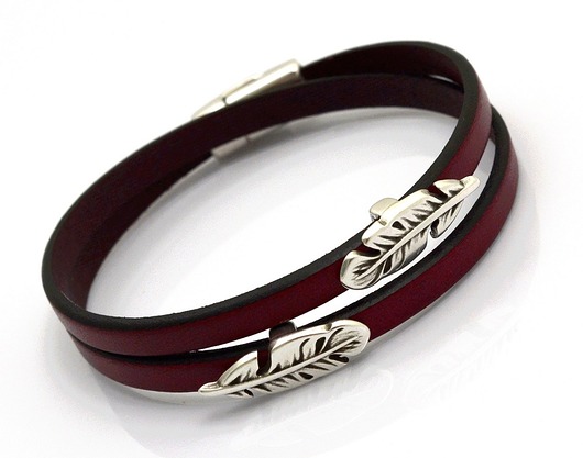 bransoletka skóra MAGNETOOS DOUBLE FEATHER bordo Beezoo