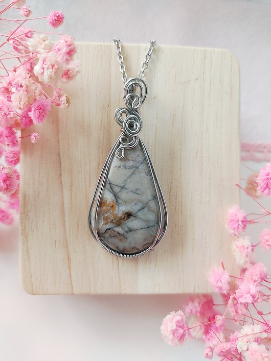 wisiory Naszyjnik Jaspis stal chirurgiczna wisiorek handmade wirewrapping