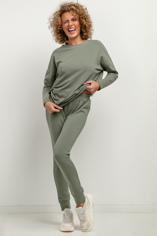 bluzki z długim rękawem damskie Prosta bluza ze stójką T381, zielona