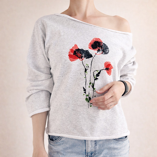 bluza bez kaptura damska Maki tusze Szara bluza cięta Bez ściągaczy