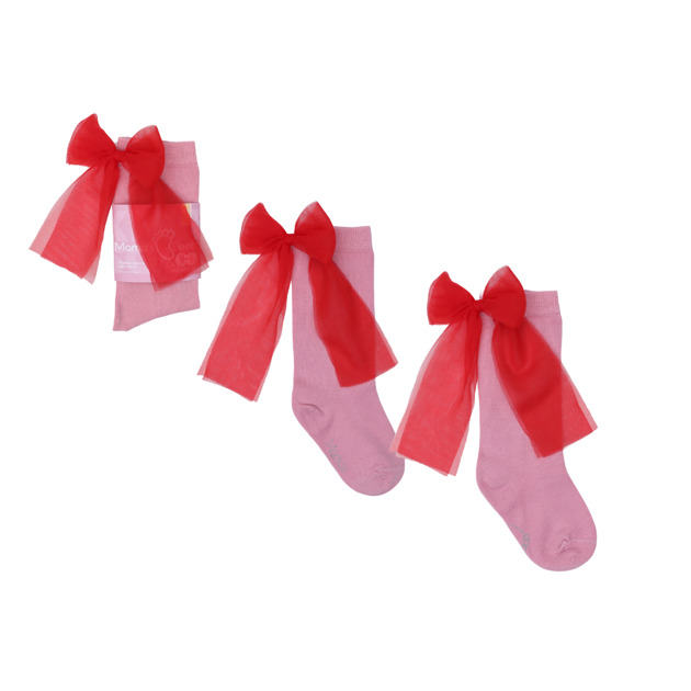 rajstopy i skarpetki dla dziewczynki Candy Bow - Różowe gładkie - podkolanówki z kokardą