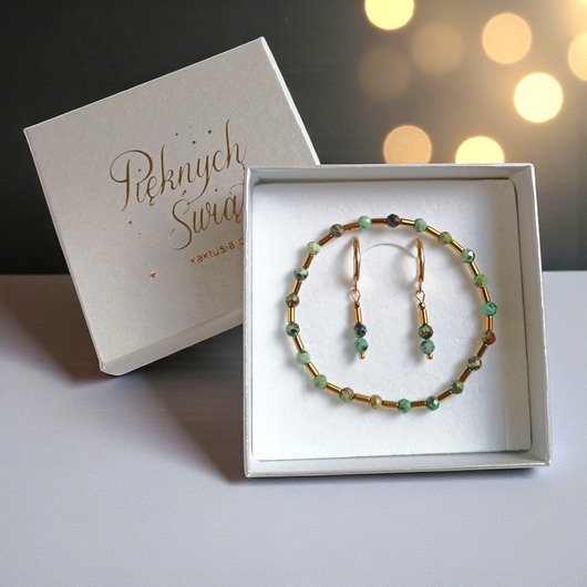 kolczyki z kamieniami KOMPLET na prezent : turkus afrykański & hematyt złoty