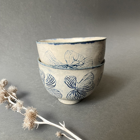 filiżanki Zestaw Ceramicznych Czarek - Kwiatowy, Kobaltowy Wzór
