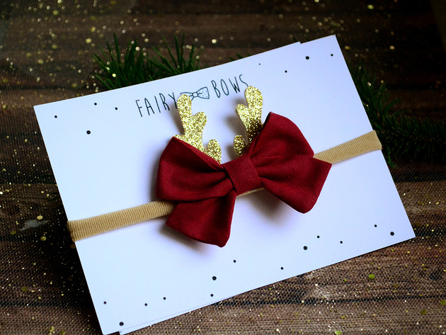 Opaska świąteczna kokardka z rogami bordowa FairyBows