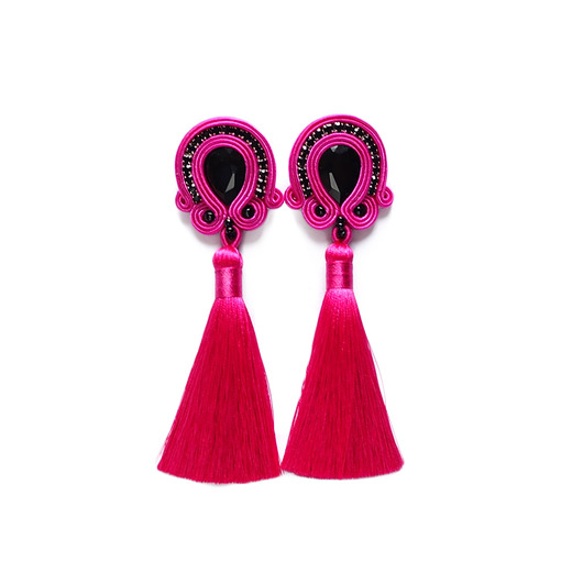 Fuksja i czerń- kolczyki sutasz z chwostami Mró Soutache