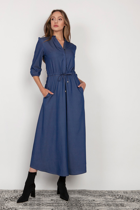 sukienki maxi damskie Długa sukienka z rękawem 3/4  - SUK205 jeans
