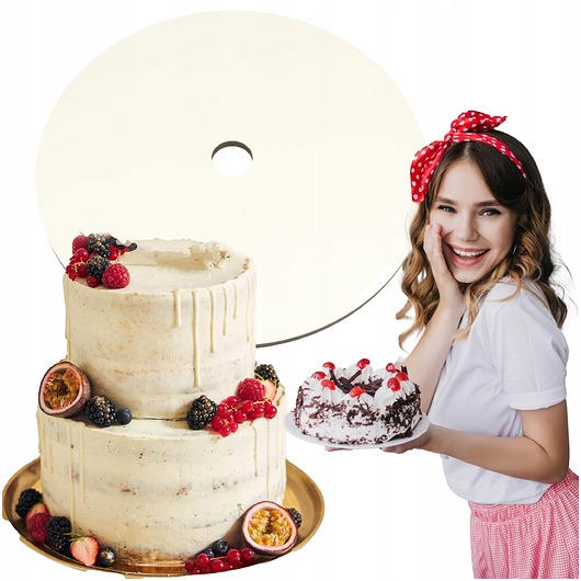 deski do krojenia i tace Taca drewniana laminowana cukiernicza BIAŁA 26cm Podkład pod tort z OTWOREM