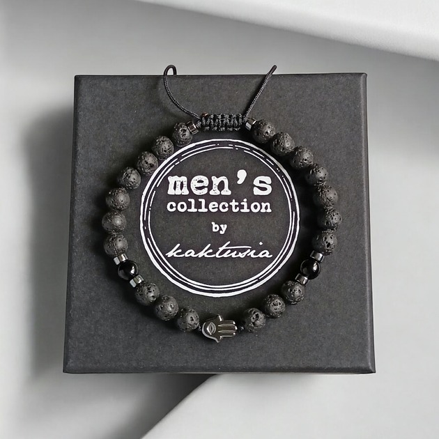 biżuteria męska HAMSA - ochrona - lawa, onyks, hematyt - bransoletka regulowana ONE SIZE