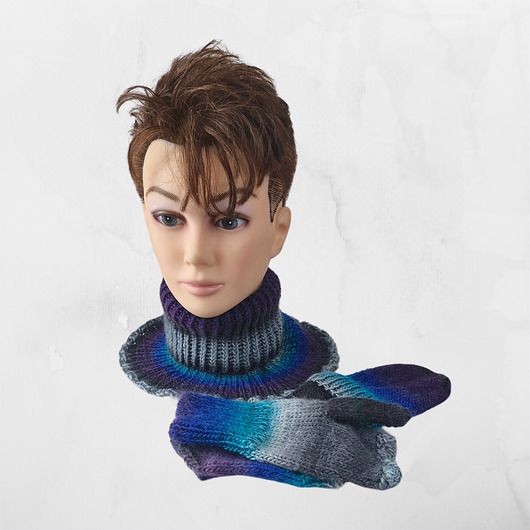 czapki damskie Zestaw czapka + komin + mitenki w niebieskim i szarości