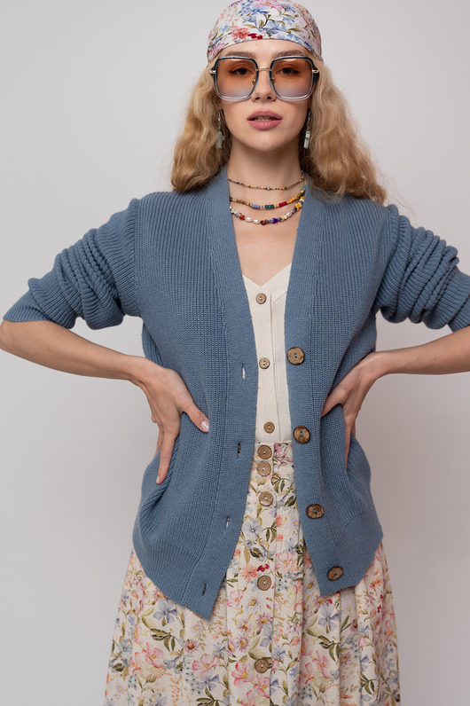 kardigany damskie Bawełniany kardigan, VINTAGE BLUE