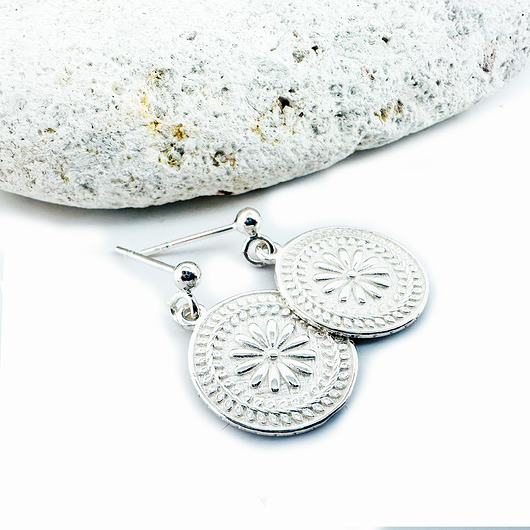 kolczyki srebrne Kolczyki z rozetą, srebrne wiszące koła, antyczna moneta