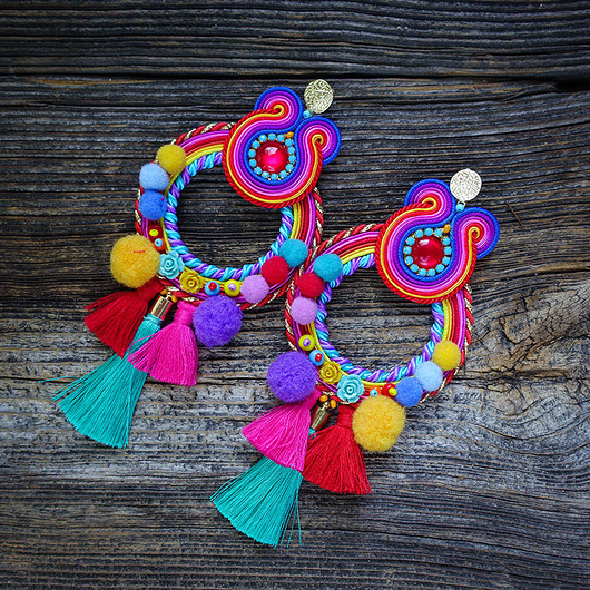 kolczyki soutache Pulo- duże i etniczne kolczyki  z pomponami