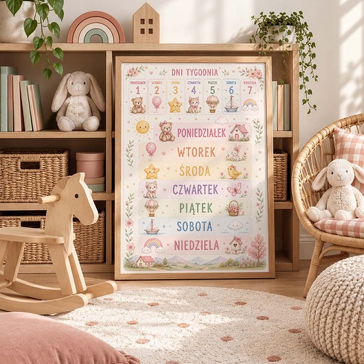 obrazy i plakaty do pokoju dziecięcego Plakat edukacyjny DNI TYGODNIA dla dziewczynki