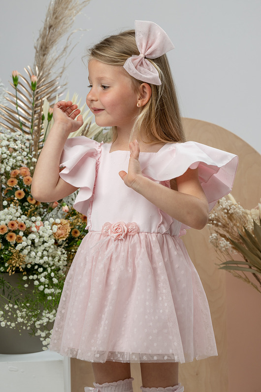 sukienki dla dziewczynki Sukienka JUDITH organic z tiulowym dołem i krótkim rękawem różowa