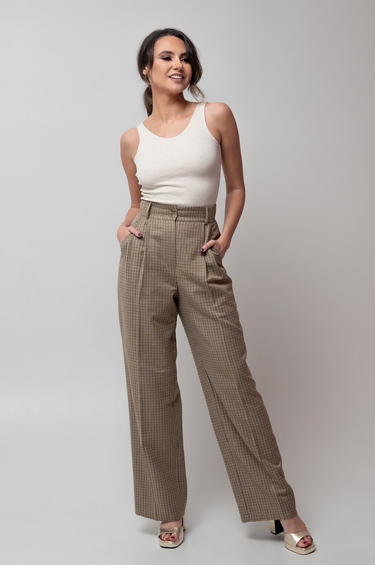 spodnie materiałowe damskie Wełniane spodnie w kratkę z szeroką nogawką